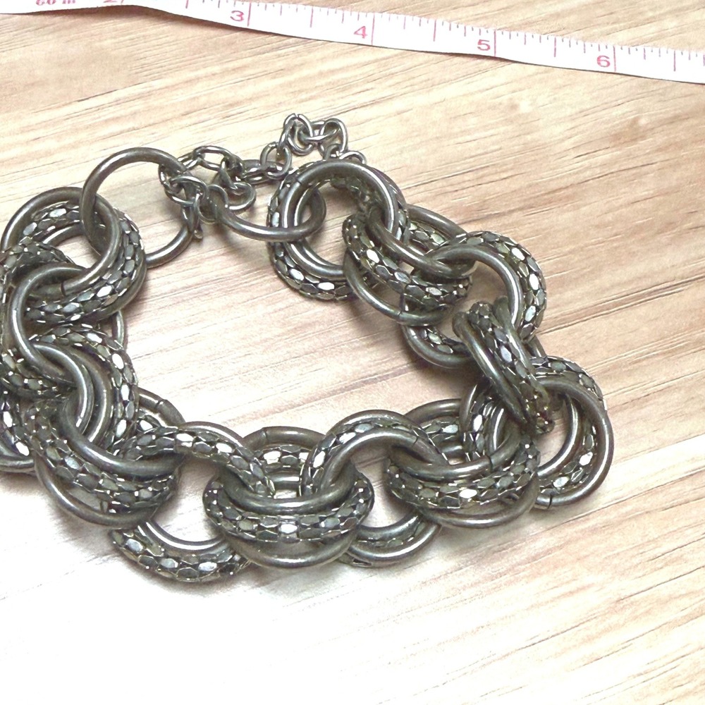 Chunky Silver Tone Multi Ring Link‎ Statement Bracelet Adjustable 9 Inch